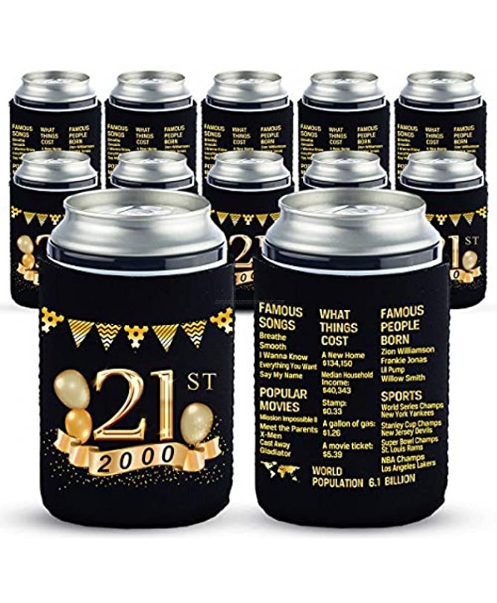 Yangmics 21st Birthday Can Cooler Sleeves Pack of 12-21st Anniversary Decorations- 2000 Sign 21st Birthday Party Supplies Black and Gold the Twenty-First Birthday Cup Coolers