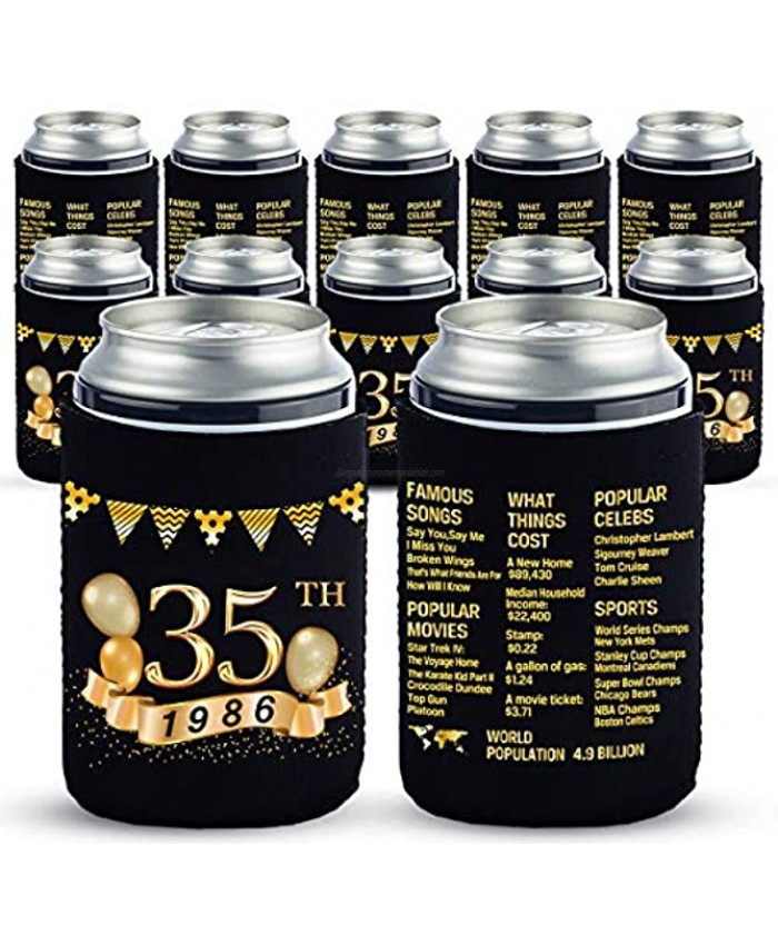 Yangmics 35th Birthday Can Cooler Sleeves Pack of 12-35th Anniversary Decorations- 1986 Sign 35th Birthday Party Supplies Black and Gold the thirty-fifth Birthday Cup Coolers