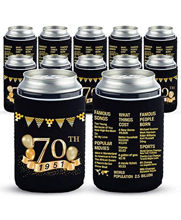 Yangmics 70th Birthday Can Cooler Sleeves Pack of 12-1951 Sign 70th Anniversary Decorations Dirty 70th Birthday Party Supplies Black and Gold Seventieth Birthday Cup Coolers