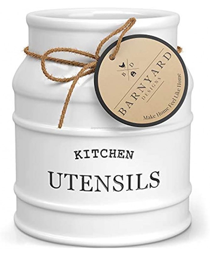 Barnyard Designs Ceramic Utensil Crock Holder for Kitchen Counter Rustic Farmhouse Countertop Decor French Country Organizer for Cooking Utensils Spatulas and Mixing Spoons White 6” x 6.75