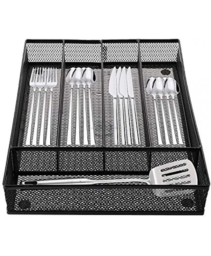 Cedilis Cutlery Tray 5 Compartments Flatware Organizers Metal Kitchen Utensil Drawer Silverware Tray The Mesh Collection for Knives Spoons Forks with 4 Foam Feet Black