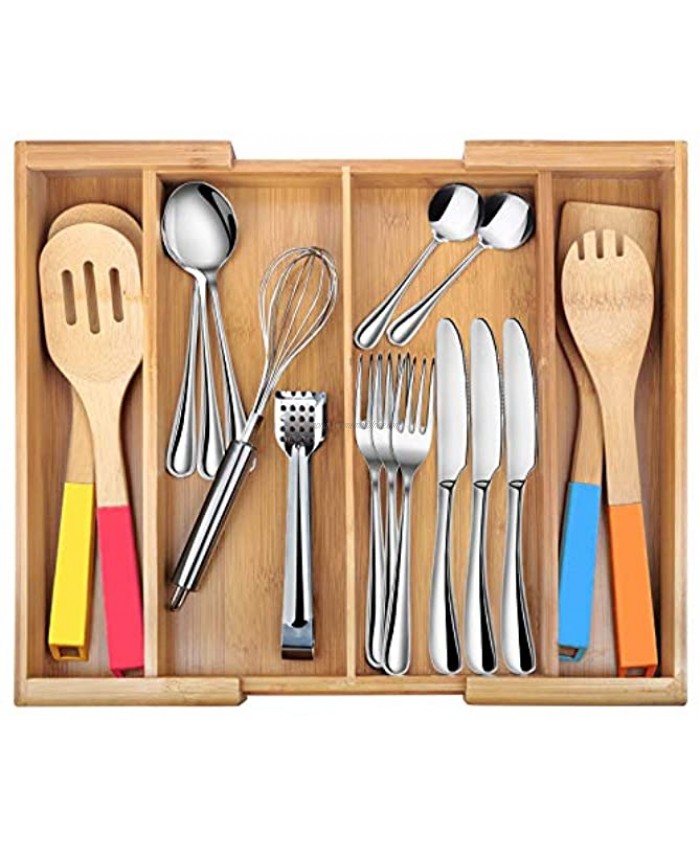 Drawer Dividers Silverware Tray Expandable Utensil Cutlery Tray Bamboo Wooden Adjustable 4 Compartments Flatware Organizer Kitchen Storage Holder for Knives Forks Spoons Accessories Gadgets Brown