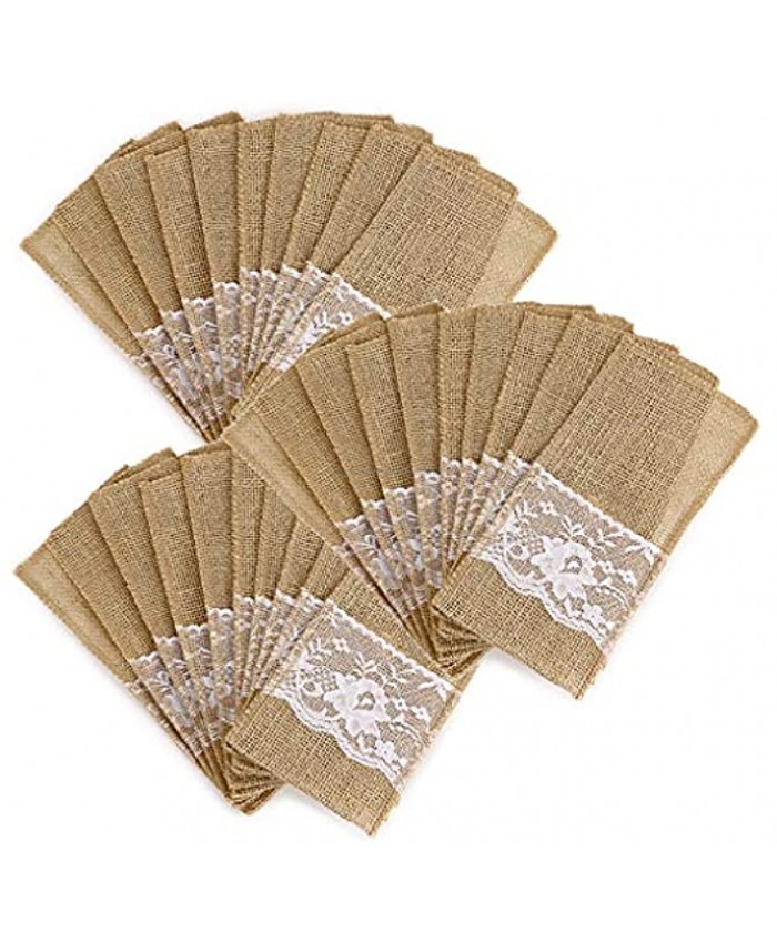 OwnMy Natural Burlap Tableware Utensil Holders Burlap Lace Silverware Holder Linen Knife and Forks Cutlery Pouch Bag for Vintage Rustic Wedding Party Beige-30 Packs