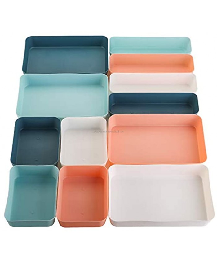Suwimut 12 Pieces Plastic Desk Drawer Organizers with 3 Different Sizes Vanity Desk Drawer Organizers Storage Bins Trays Set for Makeup Office Bathroom Dresser Kitchen 4 Colors
