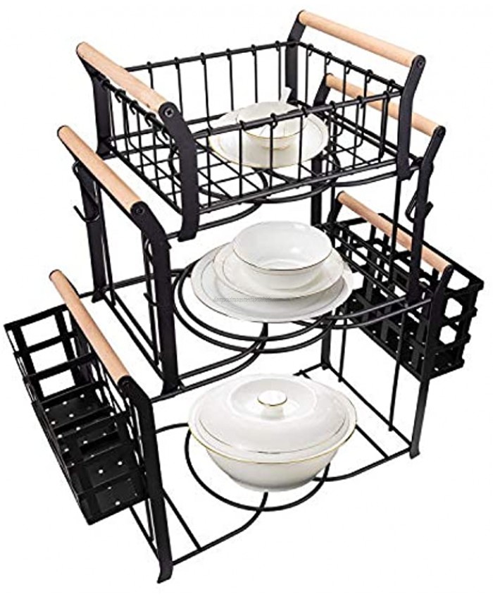 Suwimut 3 Tier Buffet Caddy 10 Pieces Stackable Plate Napkin Silverware Holder Utensils Organizer with 5 Mugs Hooks for Kitchen Dining Table Entertaining Party Picnic Black