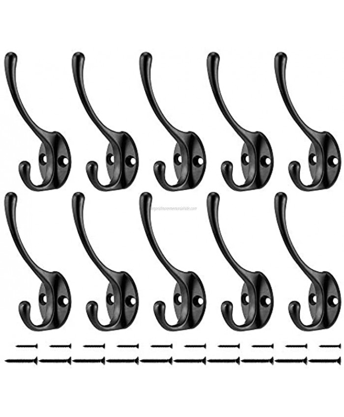 10 Pack Heavy Duty Dual Coat Hooks Wall Mounted with 20 Screws Utility Metal Hooks Retro Double Hooks Wall Hanging Zinc Die Cast Robe Hooks for Coat Bag Scarf Towl Cap Cup Key
