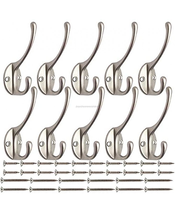 10 Pack Heavy Duty Dual Coat Hooks Wall Mounted with 40 Screws Retro Double Hooks Utility Black Hooks for Coat Scarf Bag Towel Key Cap Cup Hat Silvery