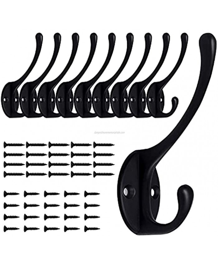 10 Pack Matte Black Coat Hooks Heavy Duty Dual Coat Hooks Wall Mounted Utility Black Not Rust Hooks for Coat Robe Scarf Bag Towel Key Cap Mug Cup Hat and More Include 40 Pieces Screws Black