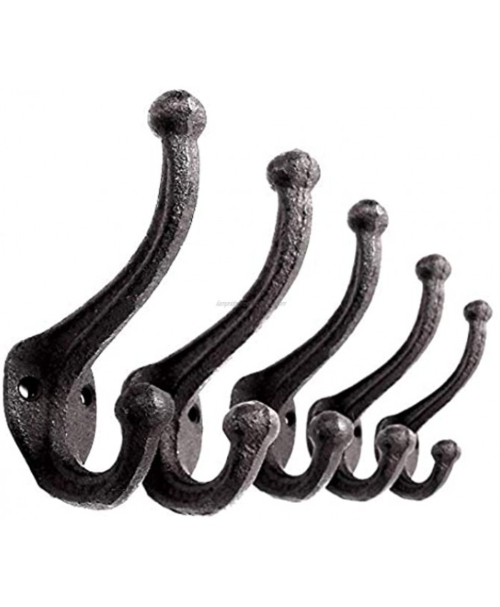 5 Pack Decorative Rustic Cast Iron Wall Mounted Coat Hooks Set of 5 Vintage Inspired  Modern Farmhouse  Coats Bags Hats Towels Antique Black