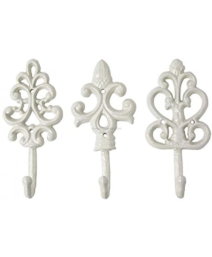 Antique Chic Cast Iron Decorative Wall Hooks Rustic Shabby French Country Charm Large Decorative Hanging Hooks Set of 3 Screws and Anchors for Mounting Included Powder Coat White