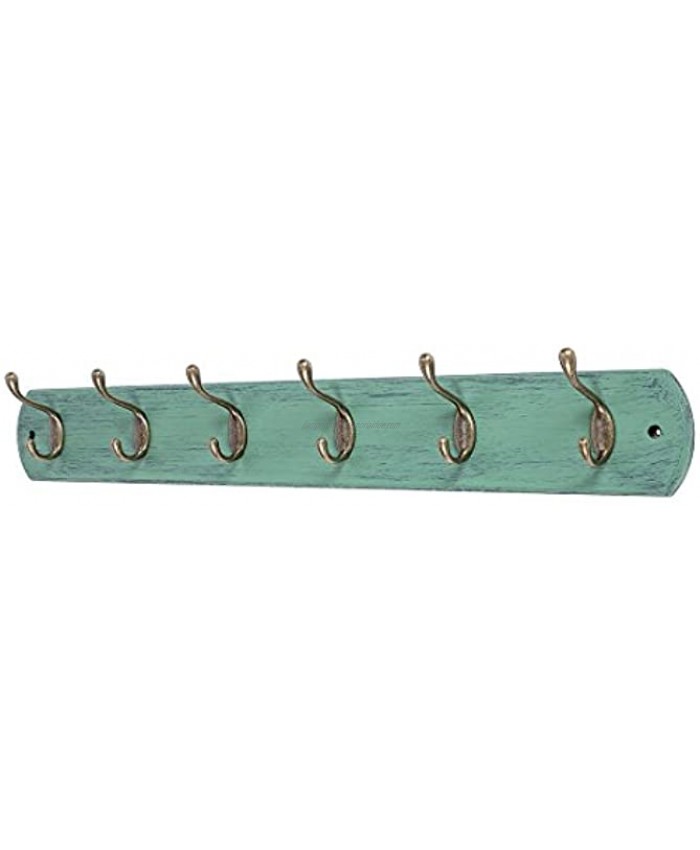 DOKEHOM 6-Antique Brass Hooks on Natural Pine Wooden Coat Hook Rack Hanger Mediterranean Blue