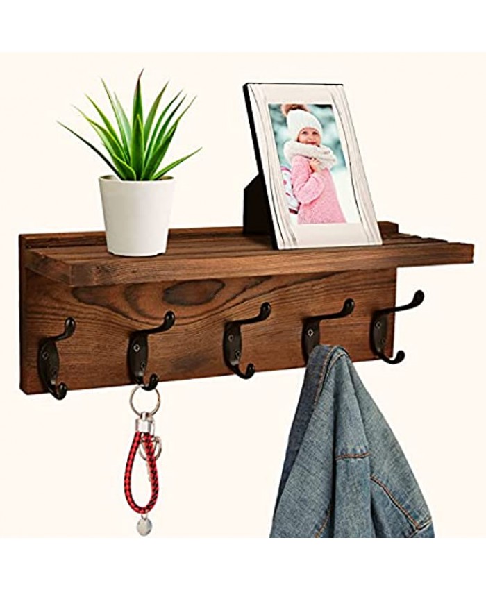 Homode Coat Rack with Shelf Wall Mounted Rustic Wooden Coat Hooks Farmhouse Entryway Shelf with 5 Retro Double Hooks for Hallway Bathroom Living Room Bedroom Dark Brown