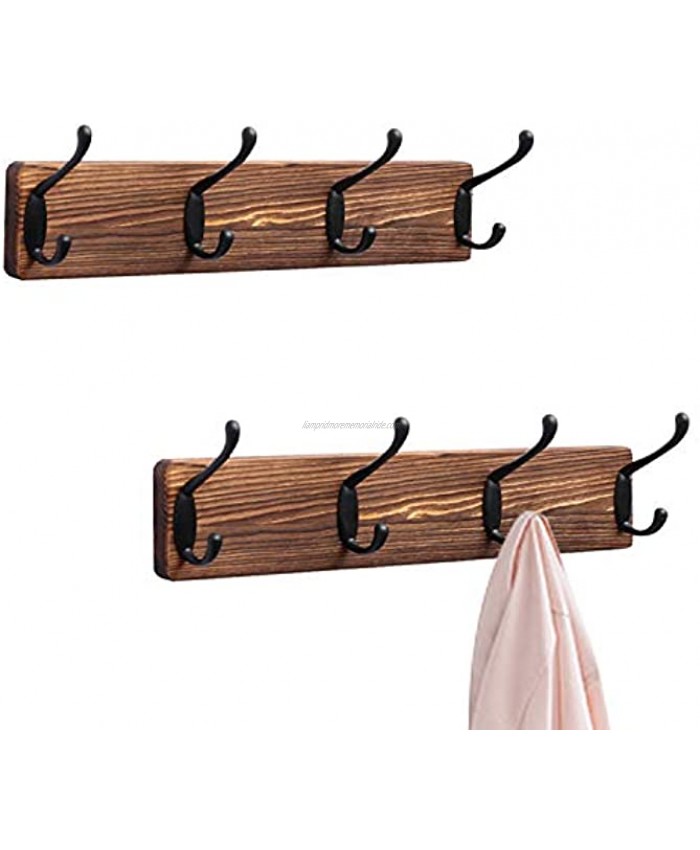 OROPY Rustic Wooden Coat Rack 2 Pack Wall Mounted Heavy Duty Pine Wood Hat Hanger with 4 Black Metal Hooks for Entryway Bathroom Closet Organizer Burnt Wood Color
