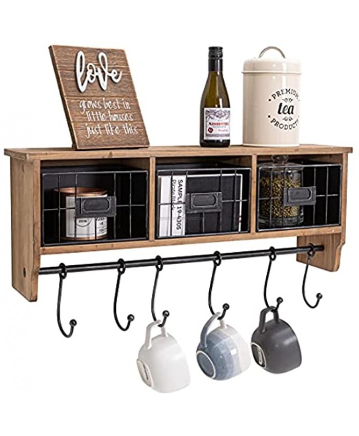 Rustic Coat Rack Wall Mounted Shelf with Hooks & Baskets Coffee Bar Wall Shelf Organizer with 6 Coat Hooks and Cubbies for Kitchen Entryway Bathroom Hang Mugs K-Cups Coats Hats Towels Keys