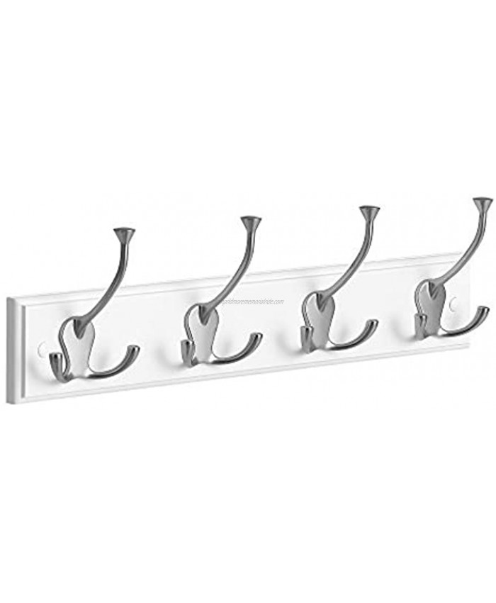 SONGMICS Wall-Mounted Coat Rack Hook Rack with 4 Tri-Hooks Solid Wood Large Rail with 4 Metal Hangers for Clothes Keys Hats Coats in The Entryway Bathroom Heavy Duty White ULHR033W01
