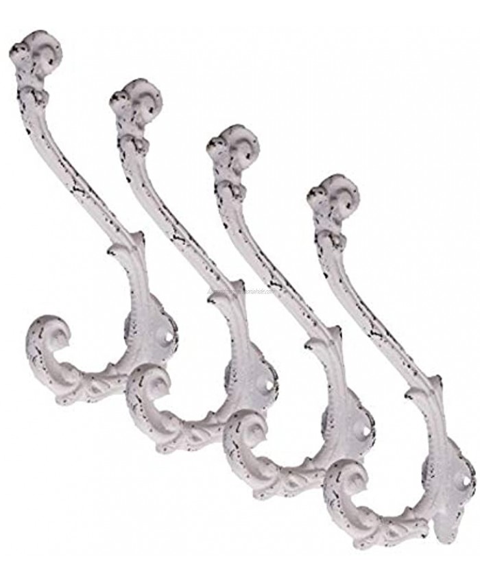 Vintage Cast Iron Wall Hooks Antique White Finish Set of 4 Rustic Farmhouse Shabby Chic French Country Coat Hooks | Great for Coats Bags Towels Hats | French Slender