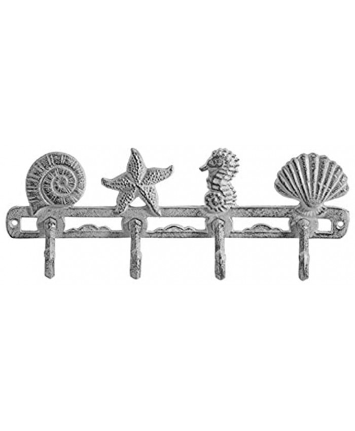 Vintage Seashell Coat Hook Hanger by Comfify Rustic Cast Iron Wall Hanger w  4 Decorative Hooks Includes Screws and Anchors in Antique White Beach House Decor