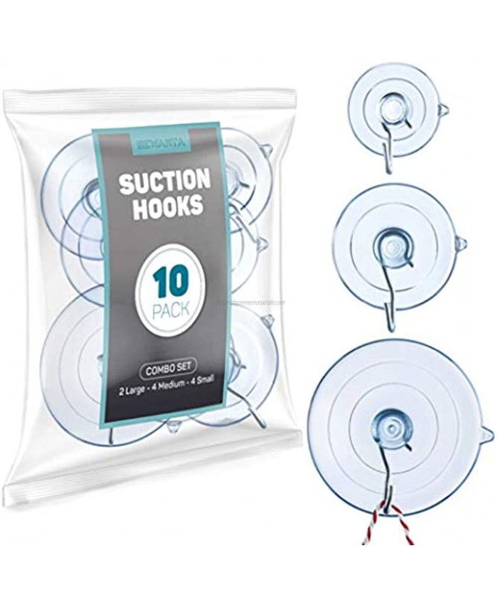 All-Purpose Suction Cup Hooks [10PK Combo Set] Powerful Window Suction Cups with Hooks Use to Hang On Glass Windows Doors Mirrors Tiles. Set Includes: 2 Large 4 Medium 4 Small