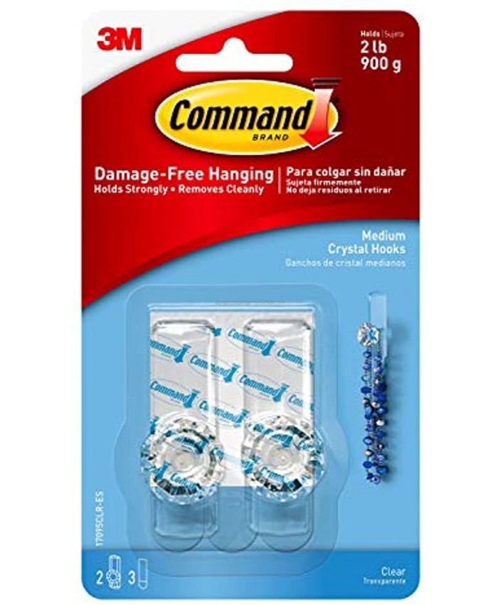Command Medium Crystal Hook Clear 2-Hooks 3-Strips Organize Damage-Free