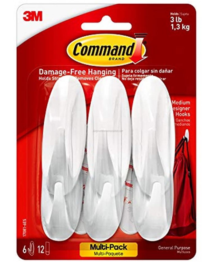 Command Medium Designer Hooks White 6-Hooks Organize & Decorate Damage-Free