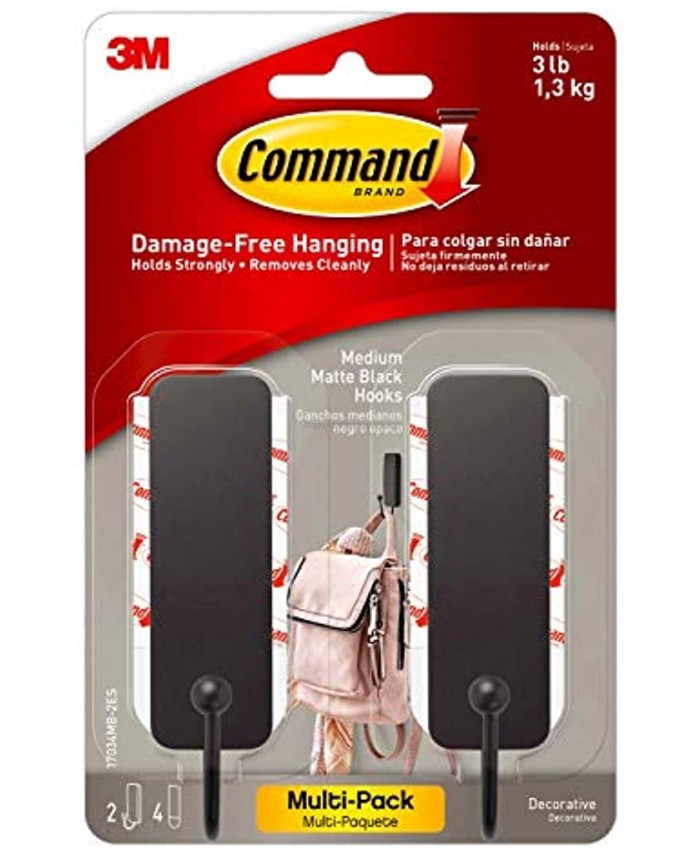 Command Medium Matte Black Decorative Hook 2-Hooks 4-Strips Per Pack Decorate Damage-Free