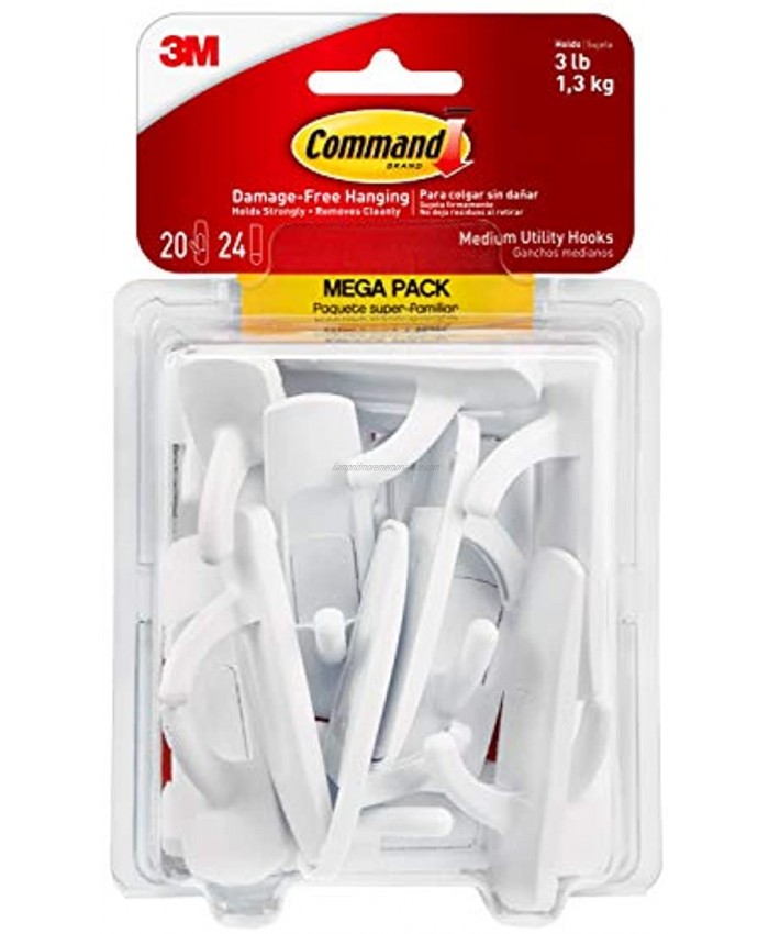 Command Medium Utility Hooks Mega Pack White 20-Hooks 24-Strips Organize Damage-Free