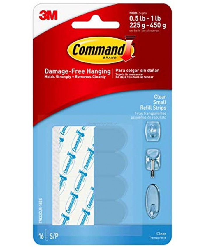 Command Small Clear Refill Replacement Strips 16-Small Strips Re-Hang Indoor Clear Hooks