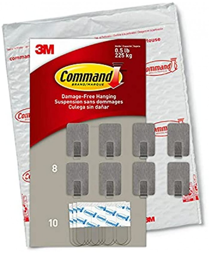 Command Small Stainless Steel Metal Hooks 8 Hooks 10 Strips Decorate Damage-Free