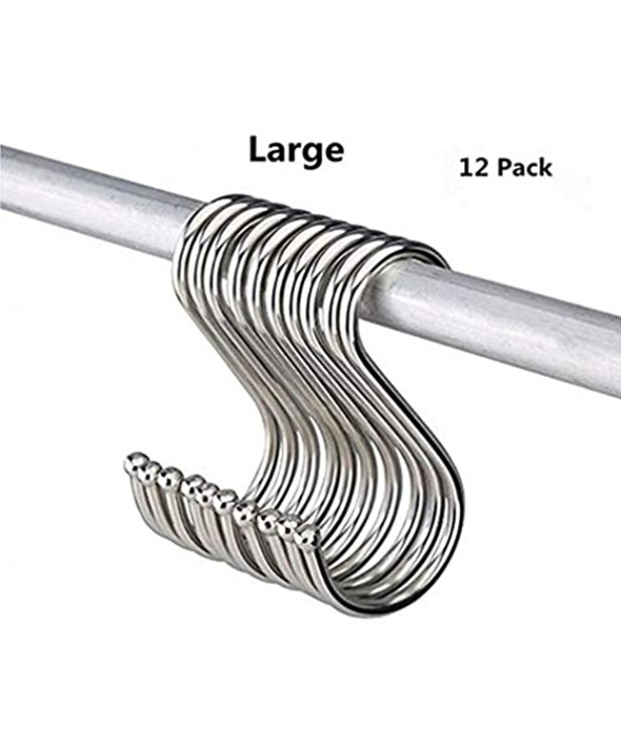 Soqool Stainless Steel Hooks Shower Curtain Rings- 12 Pack S Shaped Hanger Closet Hanging Hooks Kitchen Bathroom Office Hooks for Hanging a Multitude of Items4.8 Inch Large