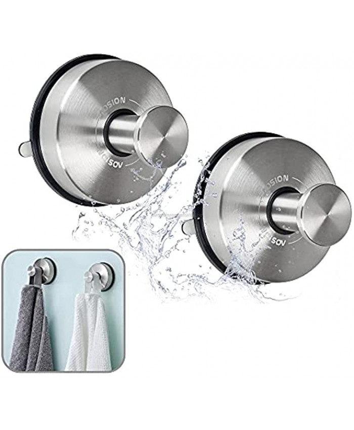 AOSION 2 Pcs Suction Cup Hooks for Shower Towel Hooks for Bathrooms Removable Suction Hook for Hanging up to 11 lbs,Stainless Steel,,Brushed Finish