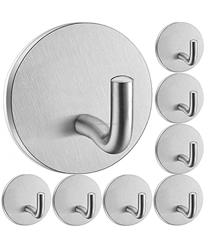Bathroom Towel Hook 8 Pack Heavy Duty Self Adhesive Hooks Without Nails Metal Sticky Hooks for Hanging Coat Clothes Shower,Stick on Wall Door Closet Kitchen Hooks -Stainless Steel-Brushed