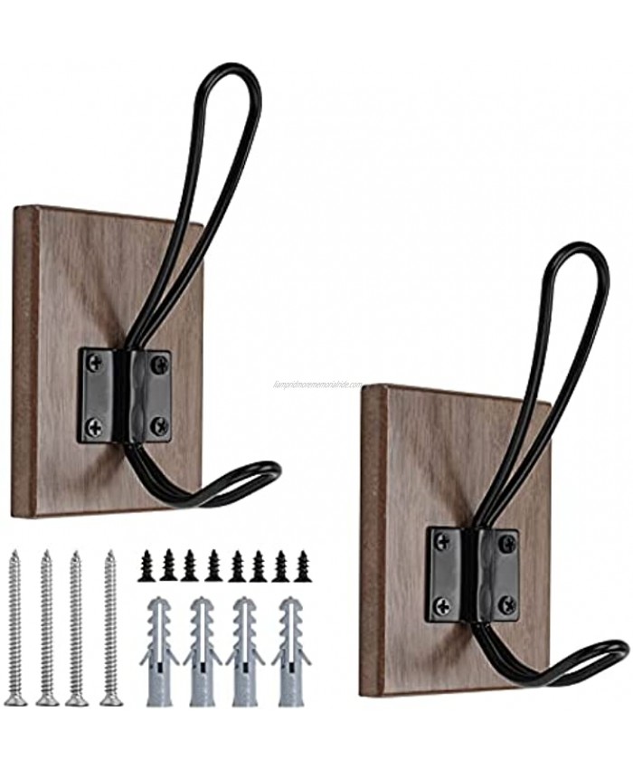 OLBET Farmhouse Towel Hooks for Bathroom Wall Mounted Rustic Wall Hooks for Hanging Coats 2 Pack Retro Iron Wood Hooks Classical Heavy Duty Hangers for Your House Walnut Grain