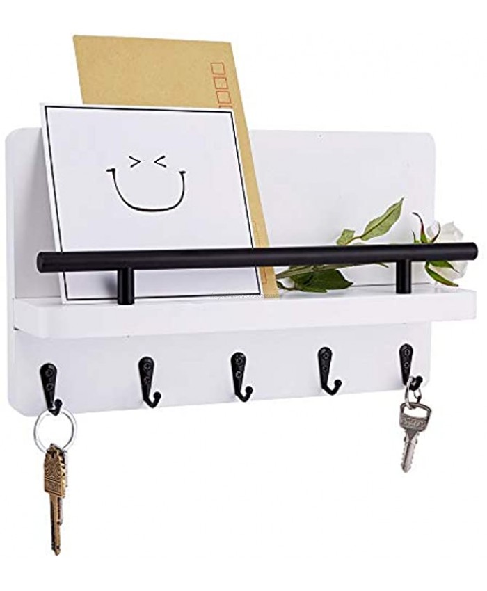 Artmag Wooden Key Holder for Wall Decorative Mail Shelf Sorter Organizer Wall Mounted with 5 Hooks for Keys Letters Bills-Perfect Home Decoration for Entryway Mudroom HallwayWhite