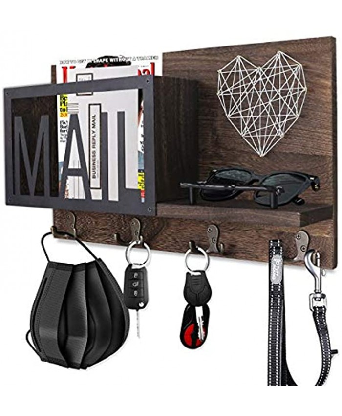FREEDHIN Mail Organizer Wall Mount with 4 Key Hooks Key Holder for Wall Wooden Mail Sorter Organizer and Floating Shelf Rustic Home Decor for Entryway or Mudroom Dark Brown
