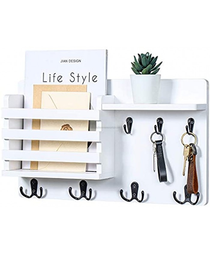 Mail Holder for Wall – Mail Organizer with Key Hooks for Hallway Kitchen Farmhouse Decor – Letter Sorter Made of Natural Pine with Floating Shelf and Flush Mount Hardware 16.8” x 10” x 3.2”
