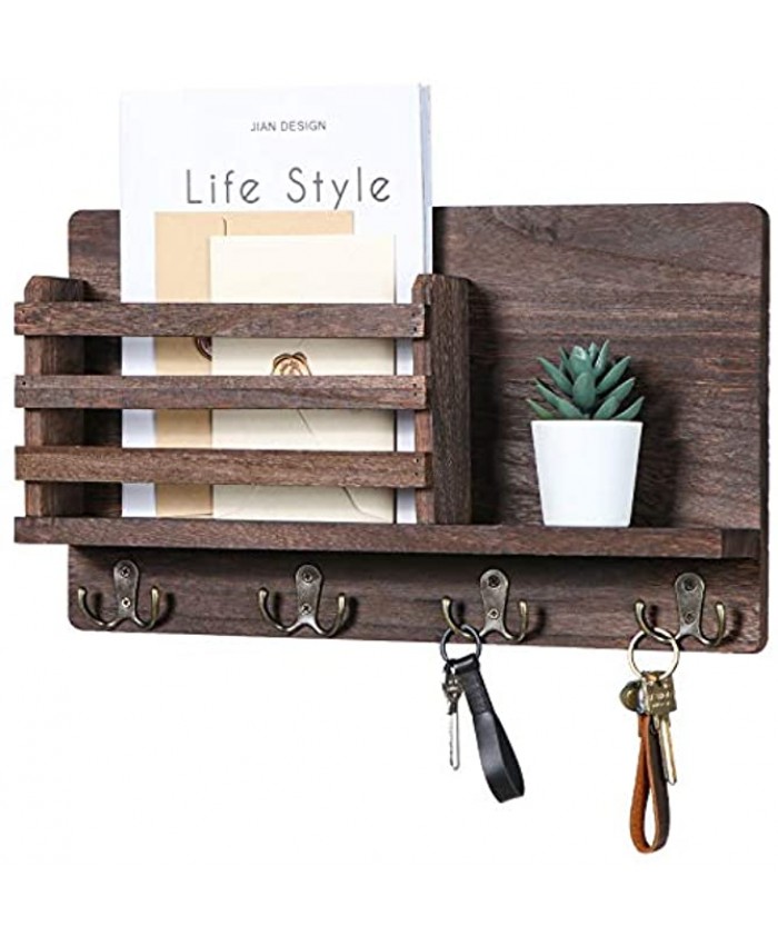 Mail Holder for Wall – Rustic Mail Organizer with Key Hooks for Hallway Kitchen Farmhouse Decor – Letter Sorter Made of Paulownia wood with Floating Shelf and Flush Mount Hardware 16.5” x 10” x 3.2”