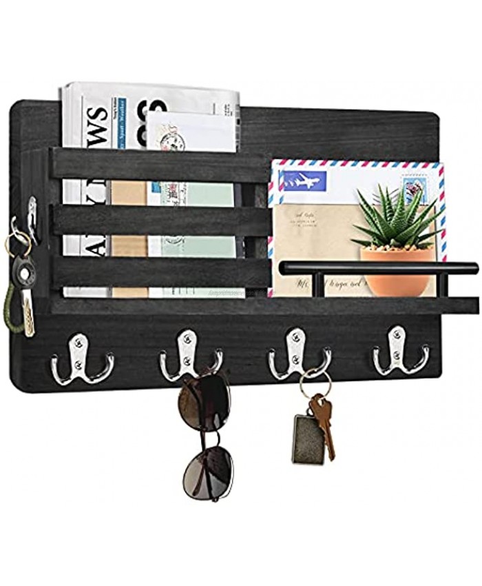 Mail Organizer Wall Mounted with Key Hooks Wood Key Holder for Wall Decorative Wood Hanging Key Hanger with Shelf Key Rack for Letter Bill and Newspaper