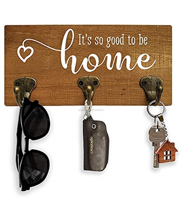 MayAvenue Farmhouse Home Wall Decorative Home is So Good to Be Rustic Key Leash Hanger with 3 Metal Hooks Wall Mount Wooden Key Holder Decor for New House Housewarming Gifts 10x4.8 Inches
