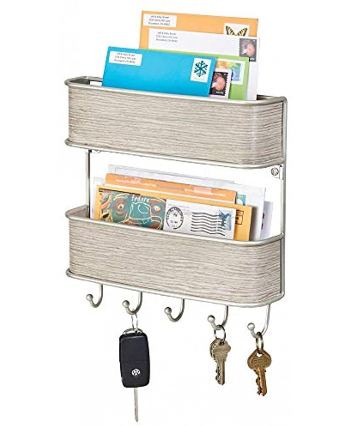 mDesign Wall Mount Metal Mail Organizer Storage Basket 2 Tiers 5 Hooks for Entryway Mudroom Hallway Kitchen Office Holds Letters Magazines Coats Keys Satin Gray Wood Finish