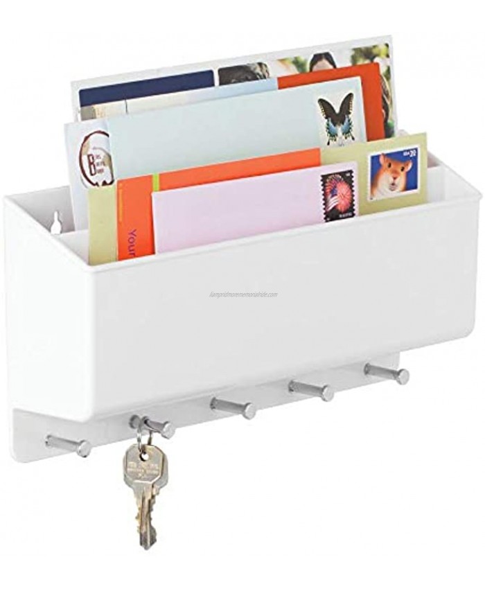 mDesign Wall Mount Plastic Divided Mail Organizer Storage Basket 2 Sections 5 Metal Peg Hooks for Entryway Mudroom Hallway Kitchen Office Holds Letters Magazines Coats Keys White