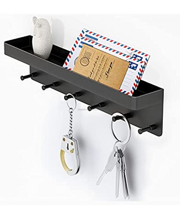 MKO Key Holder for Wall Decorative Mail Organizer and Key Rack with Tray for Hallway Kitchen Office Farmhouse Decor,Stainless Steel Key Hooks Mail Holder Wall Mounted 6 Hooks Black