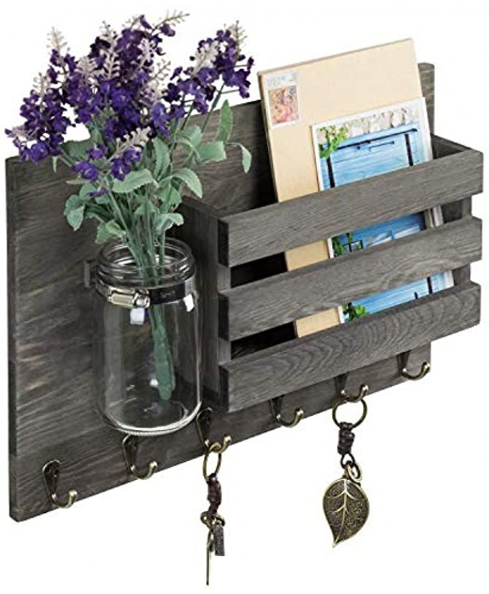MyGift Rustic Gray Wooden Wall Mounted Mail Storage Organizer with 6 Key Hooks and Decorative Mason Jar