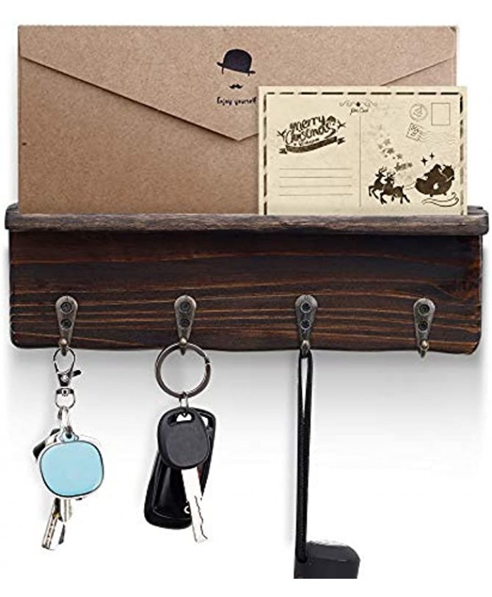 NOZE Key Holder Wall Mounted Wood Rustic Coat Rack with 4 Metal Key Hooks for Hats Small Handbags Pet Leashes Industrial Decor for Entryway Bathroom Living Room Kitchen Wall