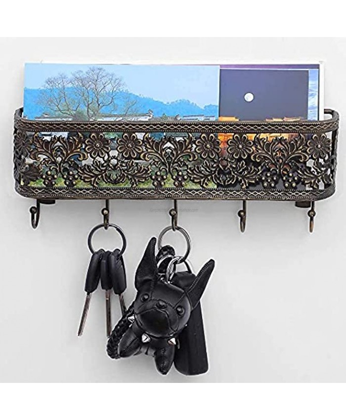 OAKEER Wall Mount Mail Holder and Key Hooks  Bronze Basket with Hanging Key Rack Holder for Organizing Keys Mail and Other Small Objects.Flower Bronze