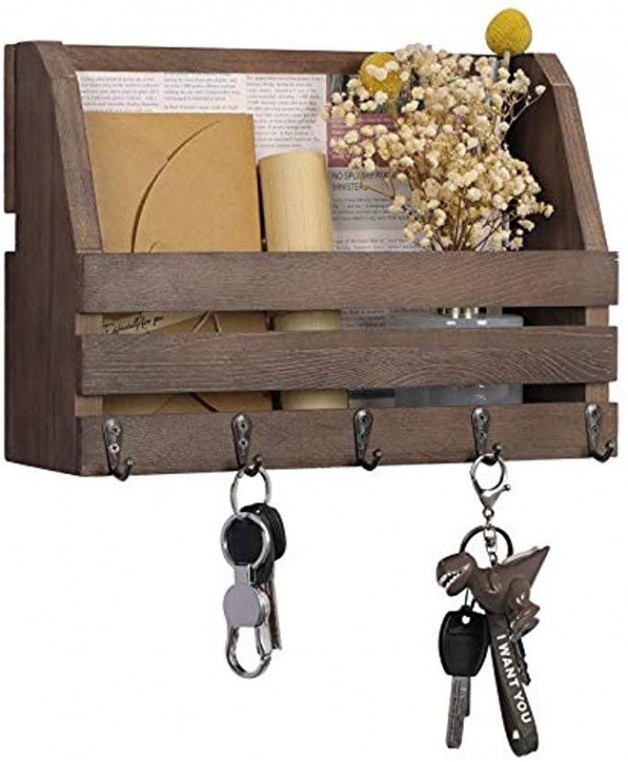 OROPY Rustic Wood Mail Holder with 5 Key Hooks Pine Wood Entryway Wall Organizer for Letter Magazines Keys Leashes Walnut Color