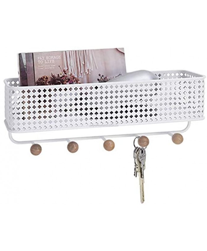 SunnyPoint Wall Mount Metal Entryway Storage Organizer Mail Sorter Basket with 5 Hooks Letter Magazine Leash and Key Holder for Entryway Hallway Kitchen Office