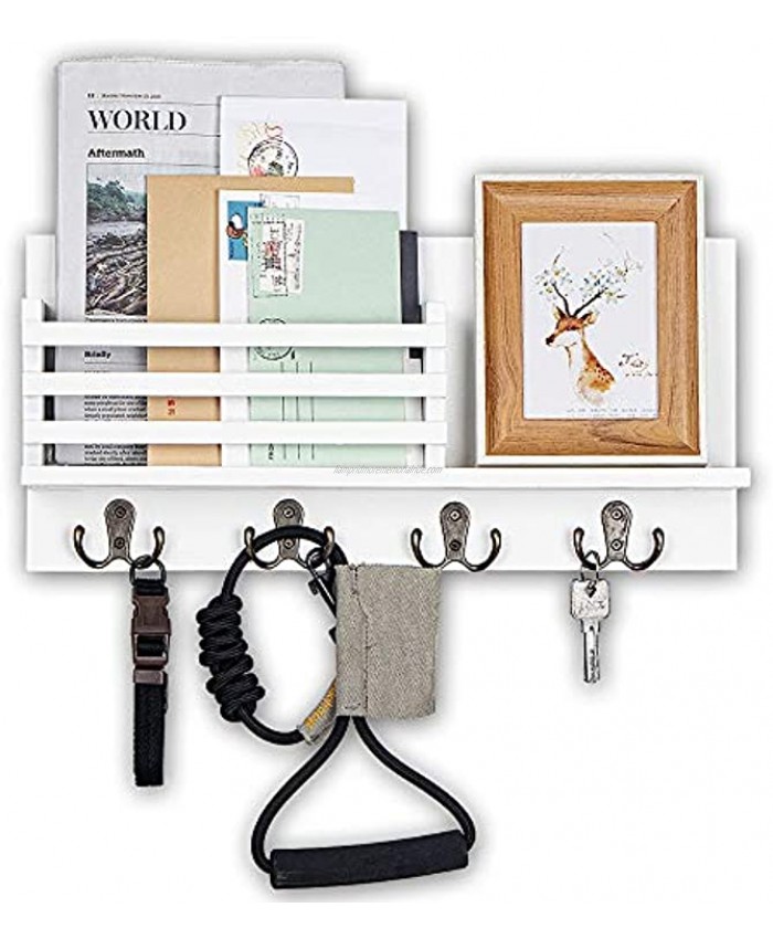 Wooden Key and Mail Holder for Wall Decorative Mail Organizer Wall Mount Mail Sorter Organizer with 4 Key Rack Hooks Rustic Hanging Decor for Entryway Office 100% Pine Wood C-White