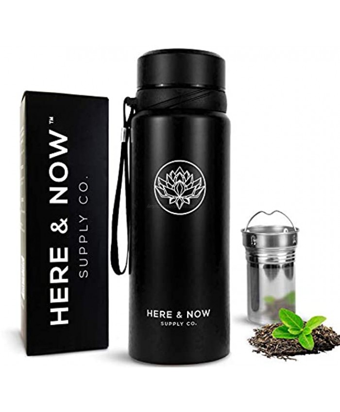 25 oz Multi-Function Travel Mug and Tumbler | Tea Infuser Water Bottle | Fruit Infused Flask | Hot & Cold Double Wall Stainless Steel Coffee Thermos | by Here & Now Supply Co. Zen Black