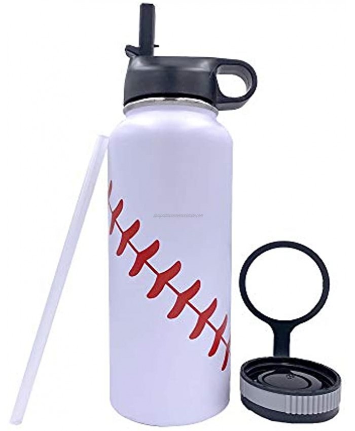 32oz Water Bottles Baseball Insulated Water Bottle with Straw and Lids Travel Thermal Water Bottle 18 8 Stainless Steel Sports Flask Baseball Tumbler Double Wall Sweat-proof BPA-Free Baseball Bottle 32oz