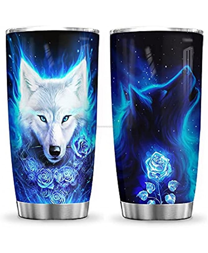 64HYDRO 20oz White Wolf with Blue Rose Wolf Inspiration Gift for Wolf Lovers Tumbler Cup with Lid Double Wall Vacuum Thermos Insulated Travel Coffee Mug HTR3011015